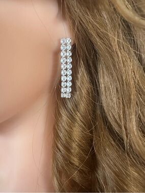 Crystal Rhinestone Double Row Drop Earrings | Bridal Prom Sparkle Dangle 1.5”